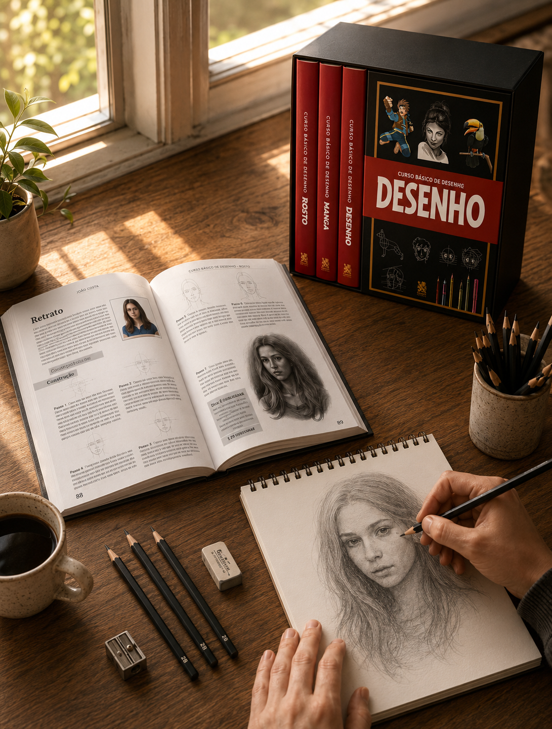 Pessoa praticando desenho com o livro Rosto aberto e o Box Curso Básico de Desenho ao fundo